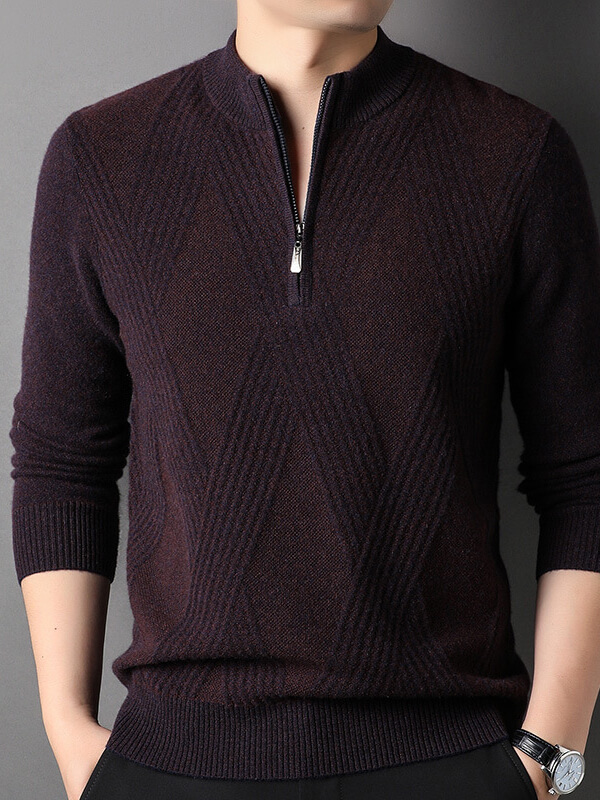 Men's Cashmere Quarter-Zip Sweater with Diamond Knit Pattern