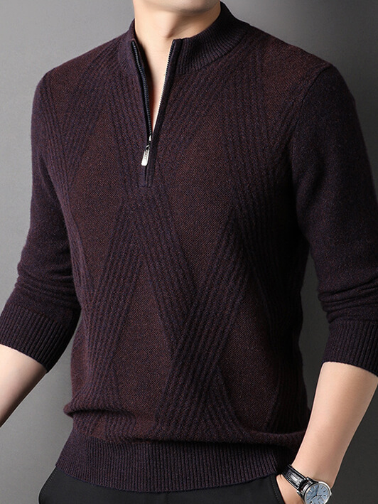 Men's Cashmere Quarter-Zip Sweater with Diamond Knit Pattern