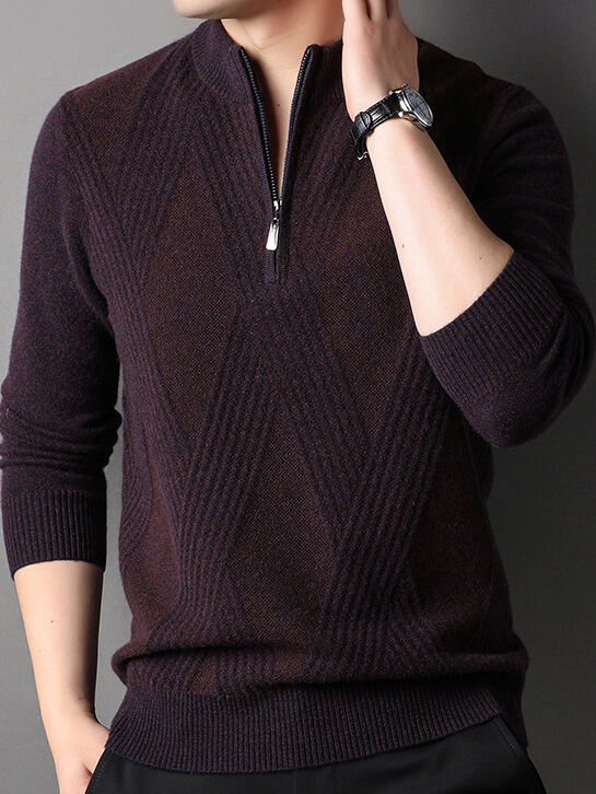 Men's Cashmere Quarter-Zip Sweater with Diamond Knit Pattern