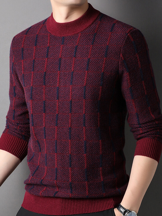 Men’s Premium Cashmere Sweater with Windowpane Check Pattern