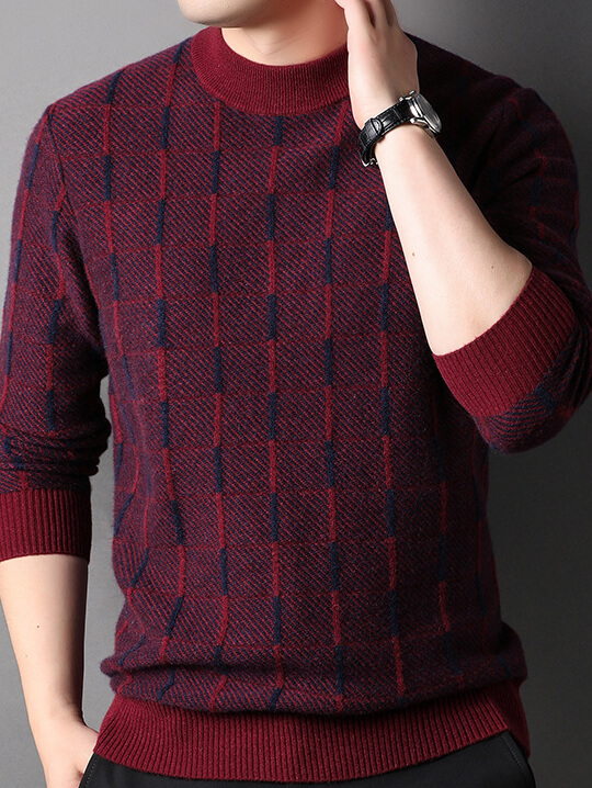 Men’s Premium Cashmere Sweater with Windowpane Check Pattern