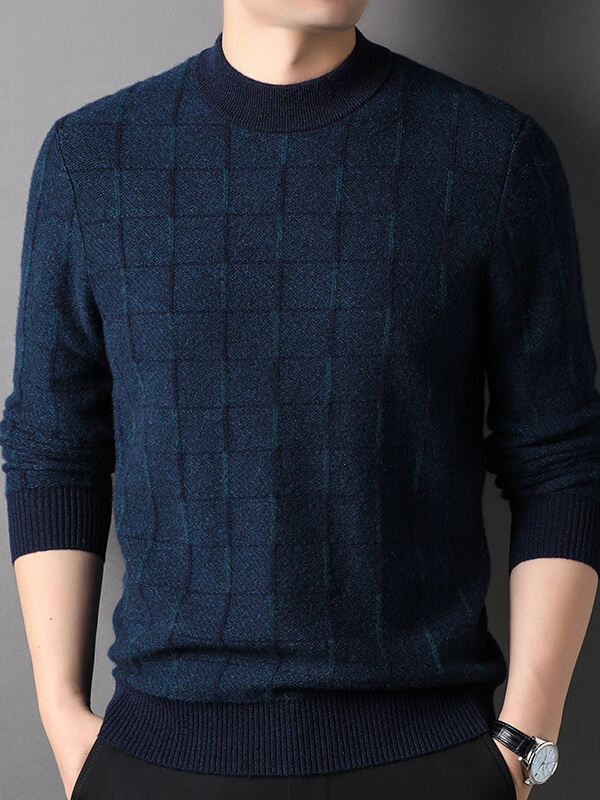 Men’s Premium Cashmere Sweater with Windowpane Check Pattern