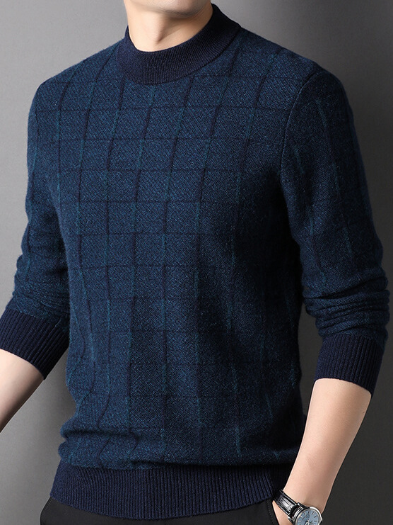 Men’s Premium Cashmere Sweater with Windowpane Check Pattern