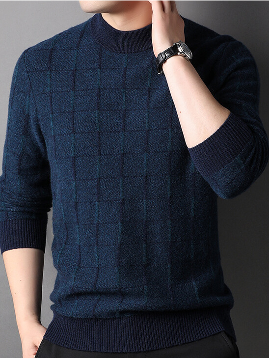 Men’s Premium Cashmere Sweater with Windowpane Check Pattern