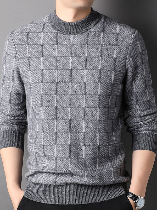 Men’s Premium Cashmere Sweater with Windowpane Check Pattern