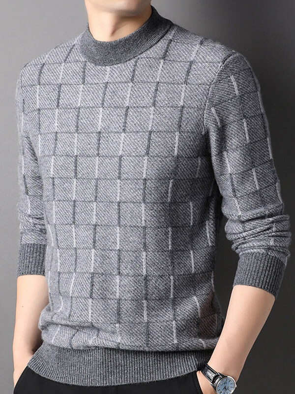 Men’s Premium Cashmere Sweater with Windowpane Check Pattern