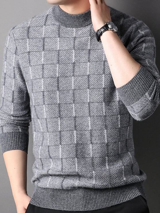 Men’s Premium Cashmere Sweater with Windowpane Check Pattern