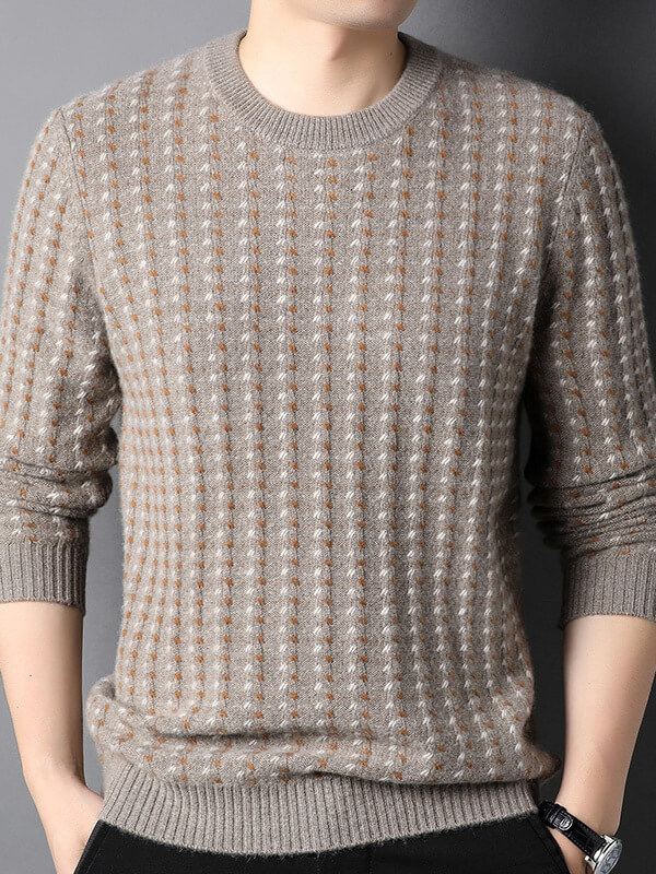 Men's Luxury Contrasted Cross Stitch Cashmere Crewneck Sweater