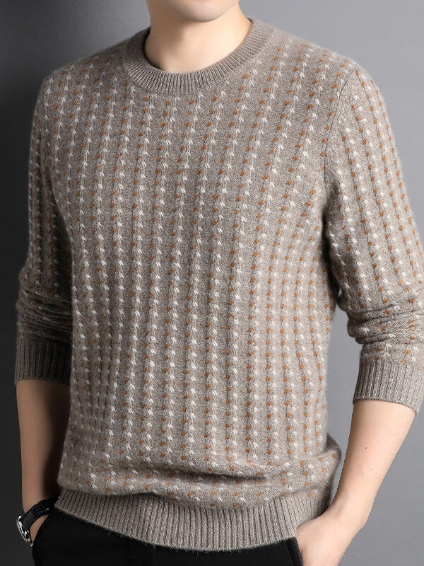 Men's Luxury Contrasted Cross Stitch Cashmere Crewneck Sweater