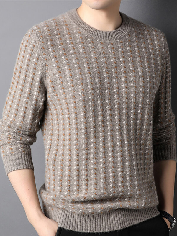 Men's Luxury Contrasted Cross Stitch Cashmere Crewneck Sweater