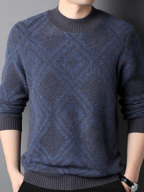 Men's Diamond Knit Pattern Cashmere Mock Neck Pullover Sweater