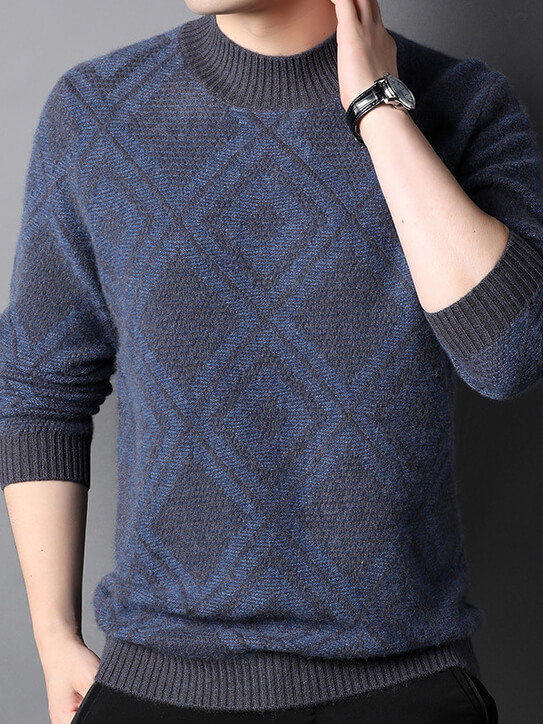 Men's Diamond Knit Pattern Cashmere Mock Neck Pullover Sweater