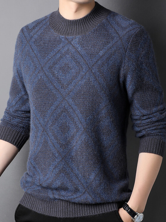 Men's Diamond Knit Pattern Cashmere Mock Neck Pullover Sweater