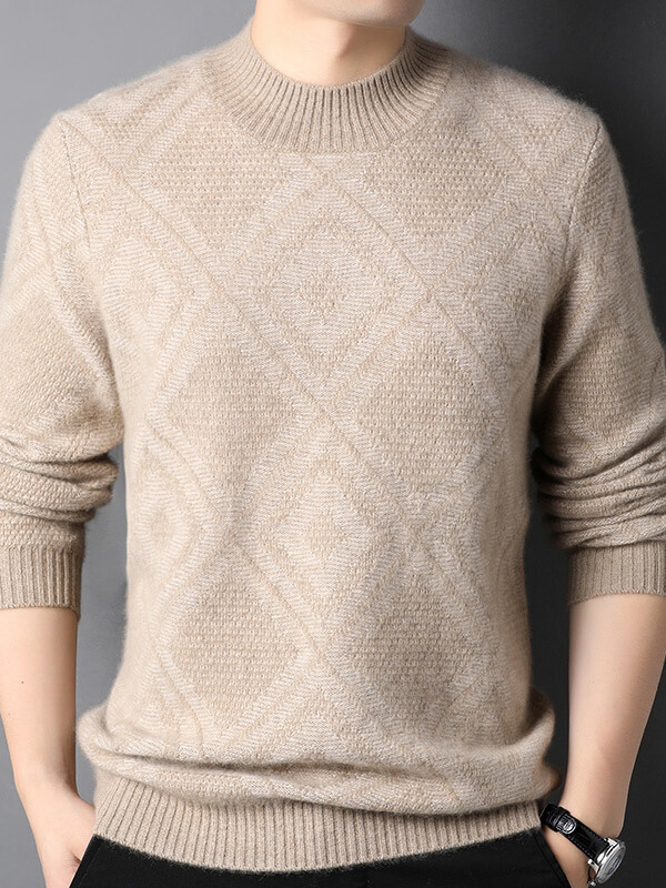 Men's Diamond Knit Pattern Cashmere Mock Neck Pullover Sweater