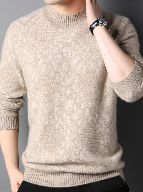 Men's Diamond Knit Pattern Cashmere Mock Neck Pullover Sweater