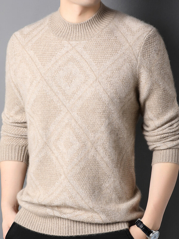 Men's Diamond Knit Pattern Cashmere Mock Neck Pullover Sweater