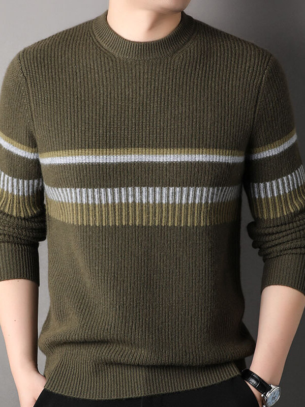 Men's Rib Knit Pure Cashmere Pullover with Striped Accent