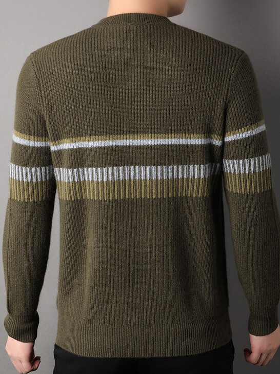 Men's Rib Knit Pure Cashmere Pullover with Striped Accent