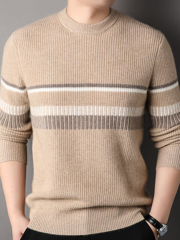 Men's Rib Knit Pure Cashmere Pullover with Striped Accent