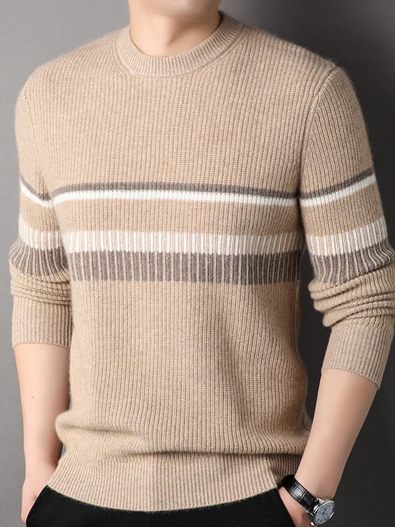 Men's Rib Knit Pure Cashmere Pullover with Striped Accent