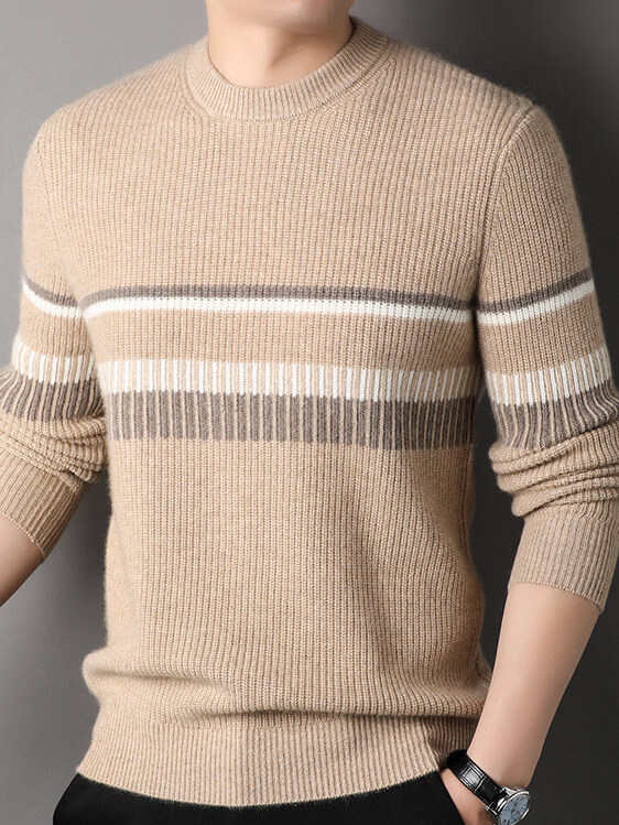 Men's Rib Knit Pure Cashmere Pullover with Striped Accent