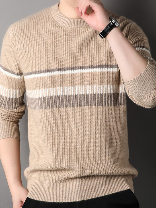 Men's Rib Knit Pure Cashmere Pullover with Striped Accent