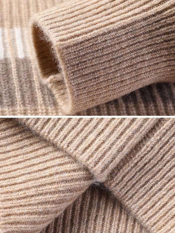 Men's Rib Knit Pure Cashmere Pullover with Striped Accent