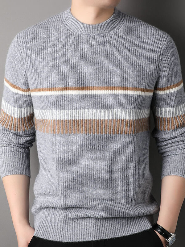 Men's Rib Knit Pure Cashmere Pullover with Striped Accent