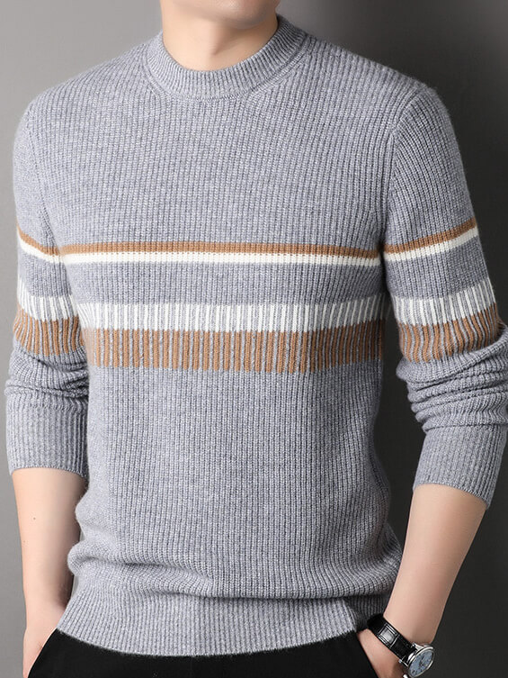 Men's Rib Knit Pure Cashmere Pullover with Striped Accent