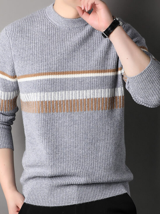 Men's Rib Knit Pure Cashmere Pullover with Striped Accent