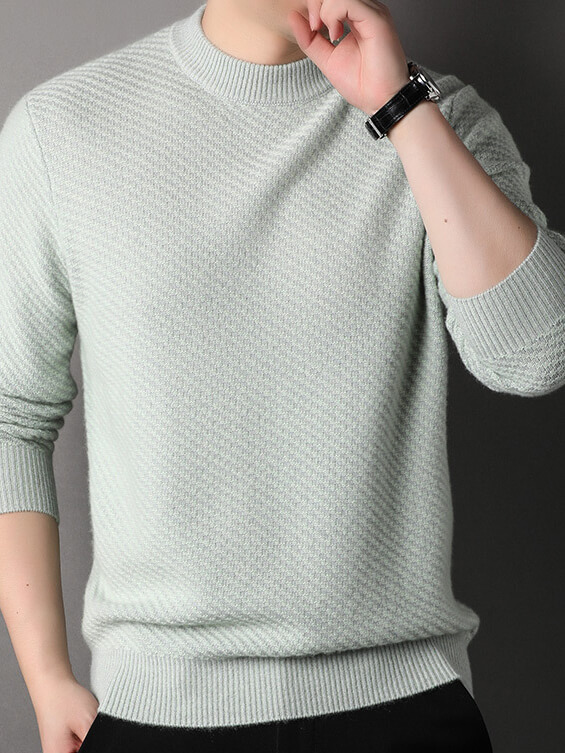 Premium Soft Mint Green Textured Knit Cashmere Mock Neck Sweater