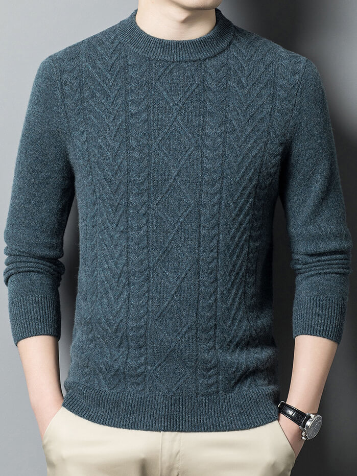 Classic Cable-Knit Mock Neck Cashmere Sweater for Men