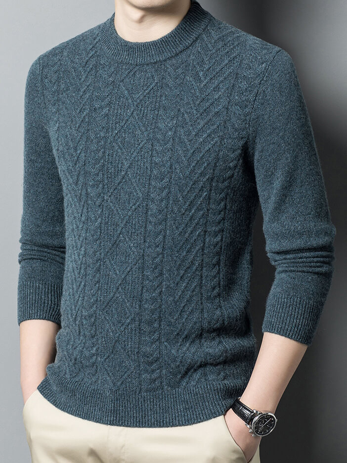 Classic Cable-Knit Mock Neck Cashmere Sweater for Men