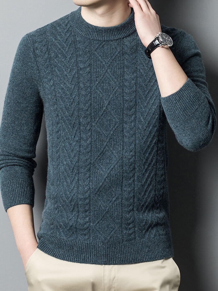 Classic Cable-Knit Mock Neck Cashmere Sweater for Men