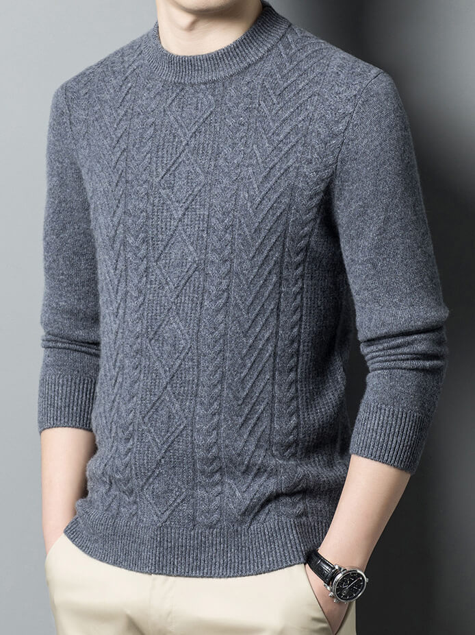 Classic Cable-Knit Mock Neck Cashmere Sweater for Men