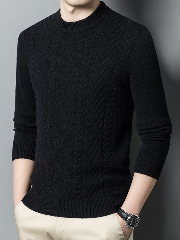 Classic Cable-Knit Mock Neck Cashmere Sweater for Men