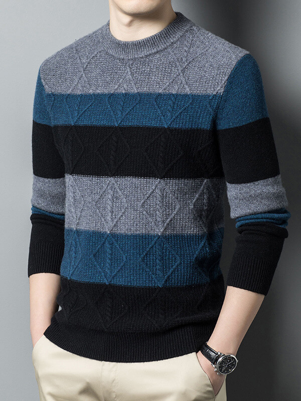 Men's Striped Diamond-Knit Cashmere Crew Neck Sweater