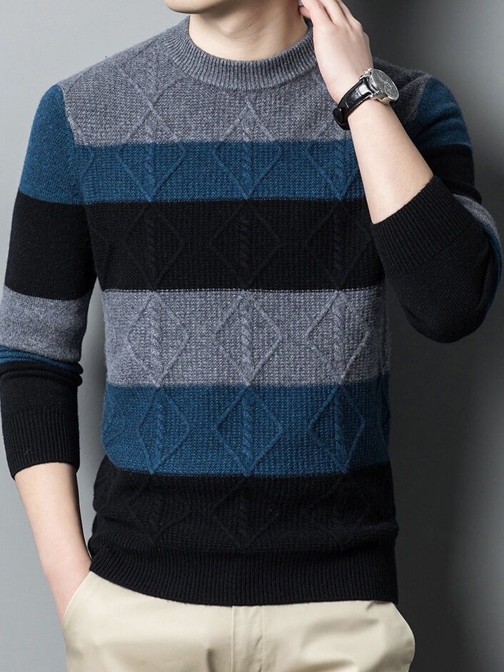 Men's Striped Diamond-Knit Cashmere Crew Neck Sweater