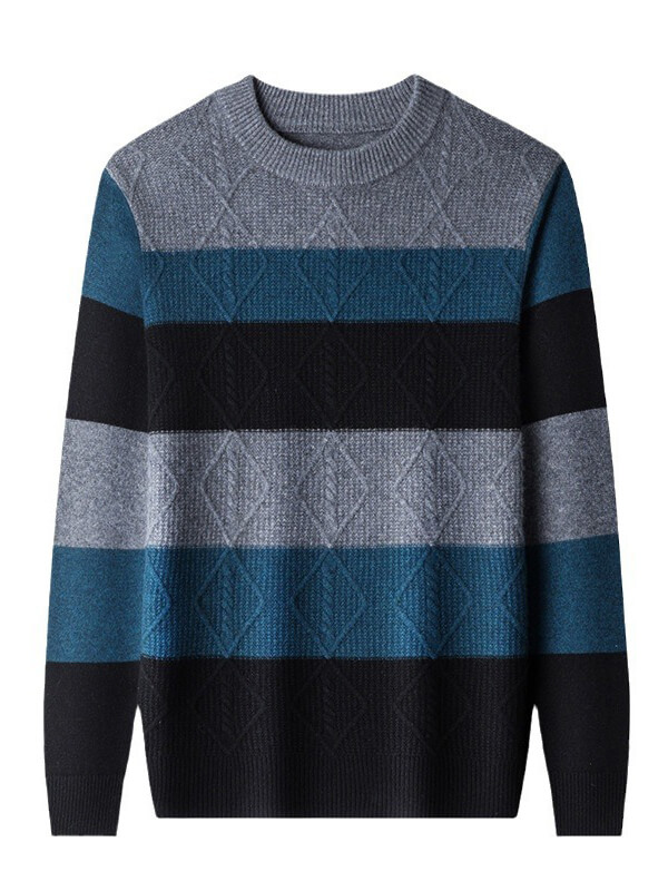 Men's Striped Diamond-Knit Cashmere Crew Neck Sweater