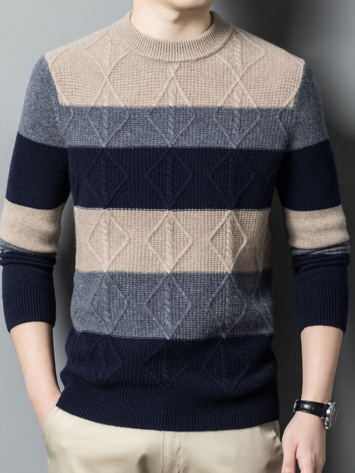 Men's Striped Diamond-Knit Cashmere Crew Neck Sweater