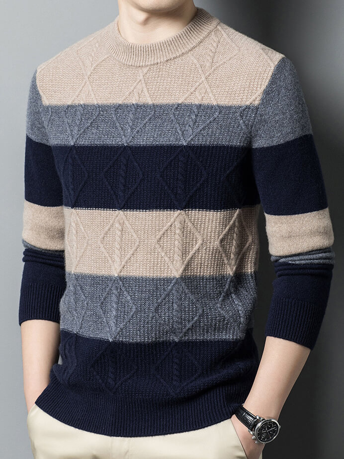 Men's Striped Diamond-Knit Cashmere Crew Neck Sweater