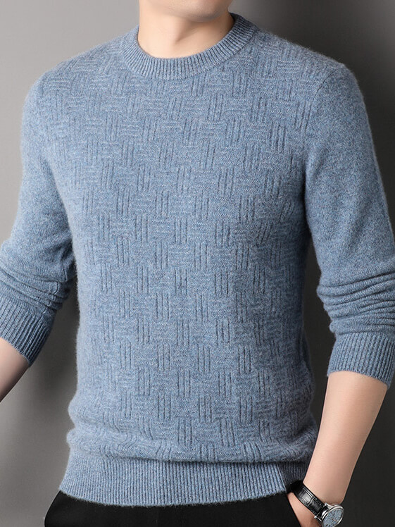 Blue Haze Classic Textured Crew Neck Cashmere Sweater for Men