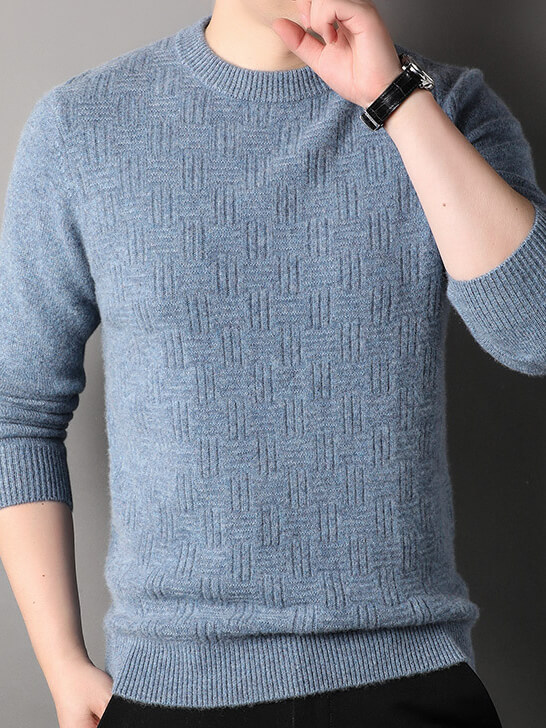 Blue Haze Classic Textured Crew Neck Cashmere Sweater for Men