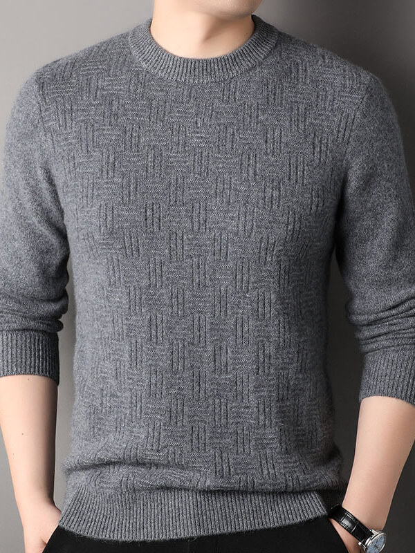 Blue Haze Classic Textured Crew Neck Cashmere Sweater for Men