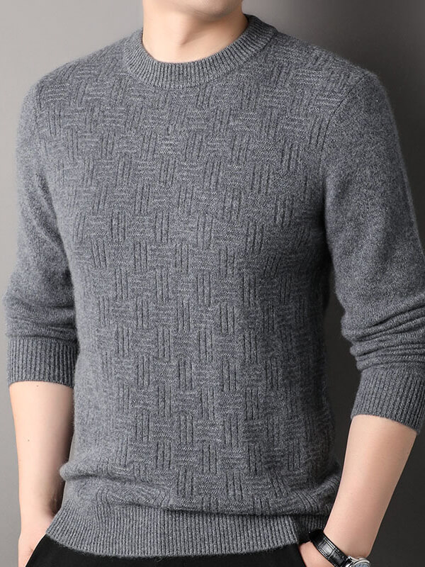 Blue Haze Classic Textured Crew Neck Cashmere Sweater for Men