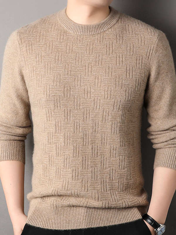 Blue Haze Classic Textured Crew Neck Cashmere Sweater for Men