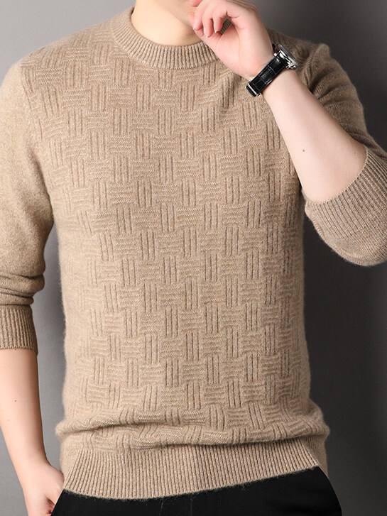 Blue Haze Classic Textured Crew Neck Cashmere Sweater for Men