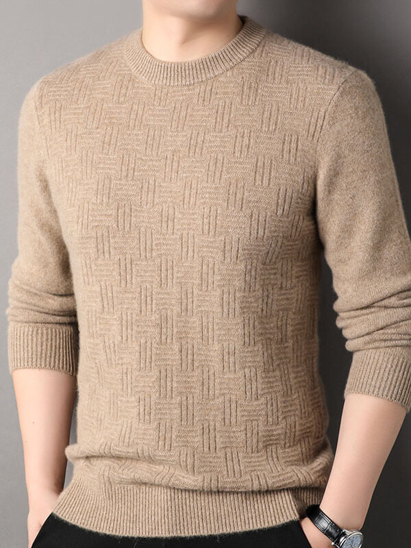 Blue Haze Classic Textured Crew Neck Cashmere Sweater for Men