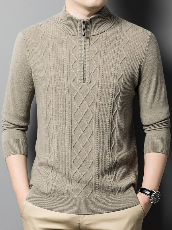 Men's Classic Mock Neck Quarter Zip Cashmere Cable Knit Sweater