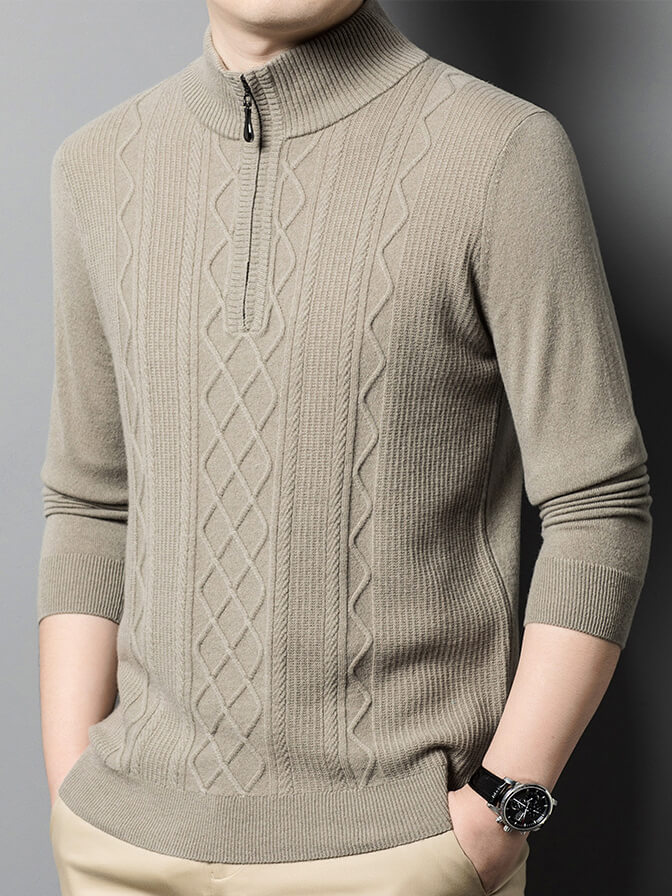 Men's Classic Mock Neck Quarter Zip Cashmere Cable Knit Sweater